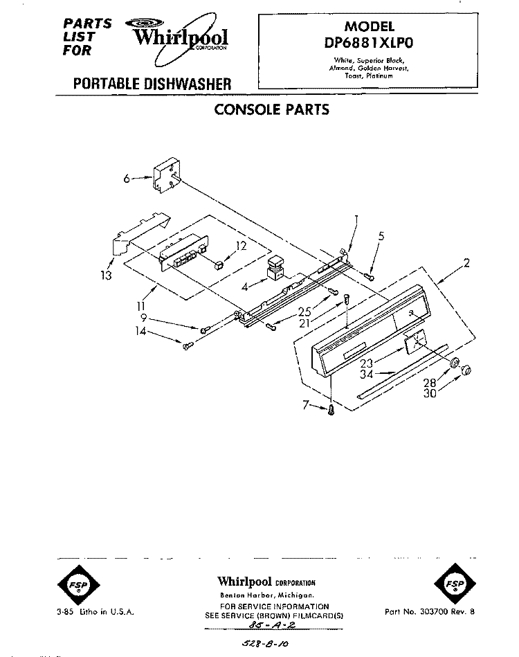 CONSOLE Diagram and Parts List for DP6881XLP0  Whirlpool Dishwasher
