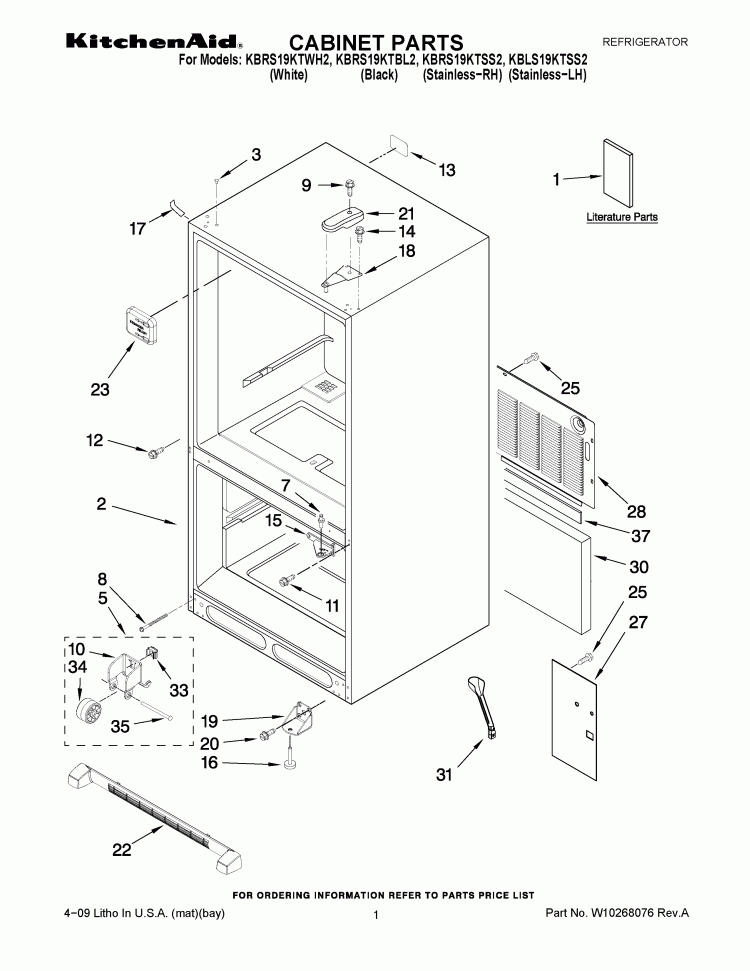 CABINET PARTS Diagram and Parts List for KBRS19KTBL2  KitchenAid Refrigerator