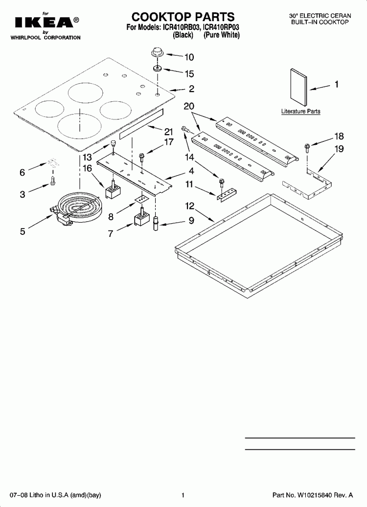 COOKTOP PARTS, OPTIONAL PARTS (NOT INCLUDED) Diagram and Parts List for ICR410RB03  Whirlpool Cooktop