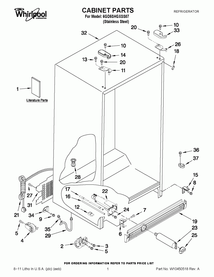 CABINET PARTS Diagram and Parts List for 6GD5SHGXSS07  Whirlpool Refrigerator