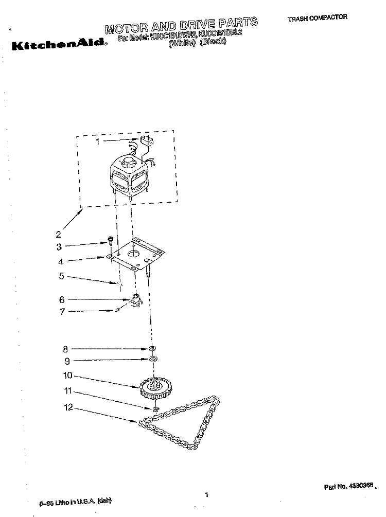 MOTOR AND DRIVE, LIT/OPTIONAL Diagram and Parts List for KUCC151DBL2  KitchenAid Trash Compactor