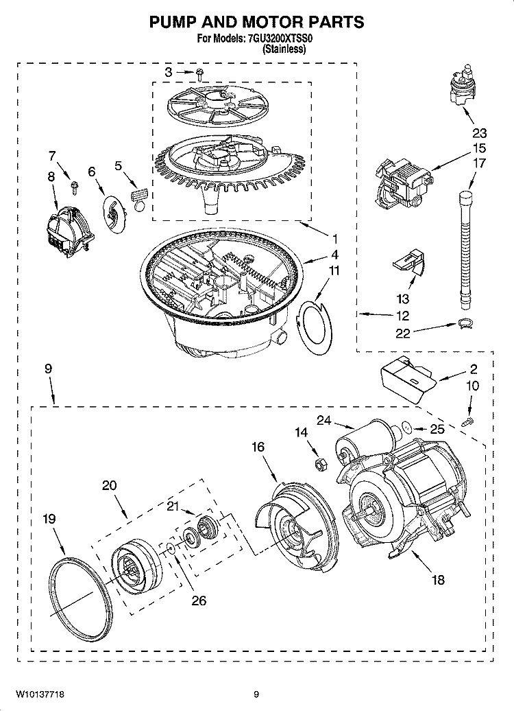 PUMP AND MOTOR PARTS Diagram and Parts List for 7GU3200XTSS0  Whirlpool Dishwasher