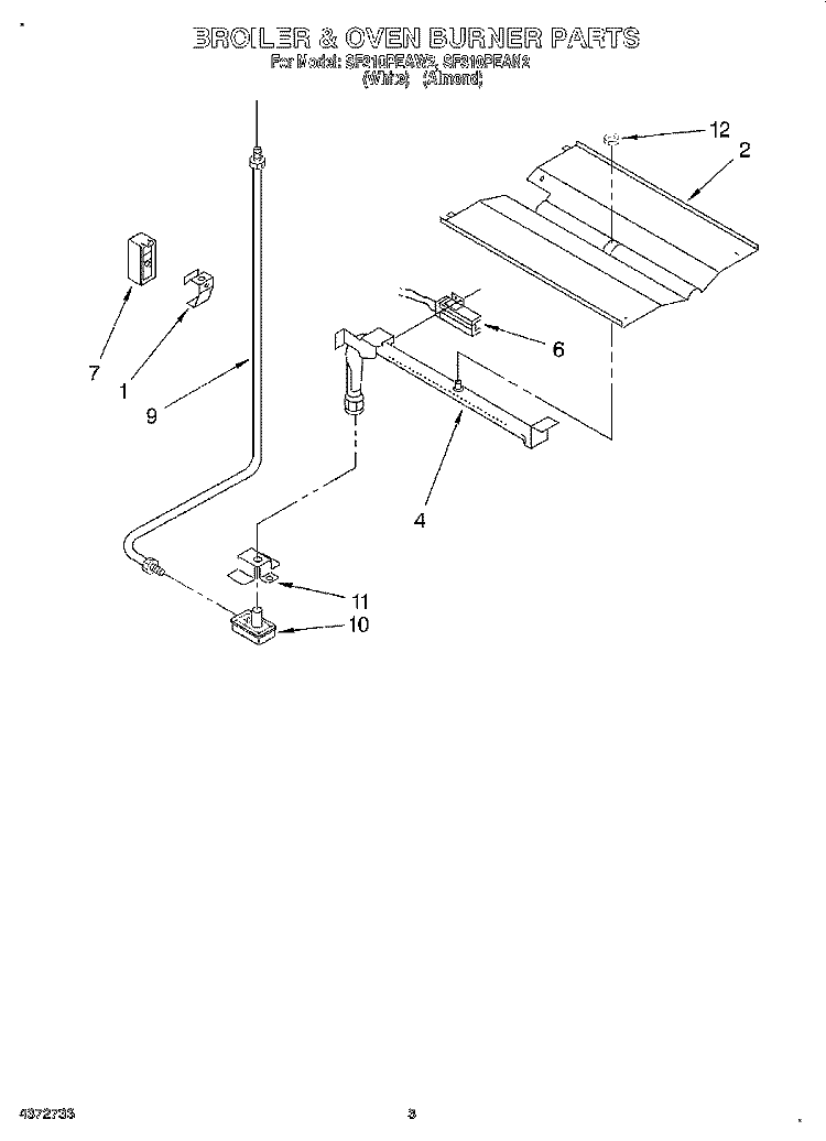 BROILER AND OVEN BURNER Diagram and Parts List for SF310PEAW2  Whirlpool Range