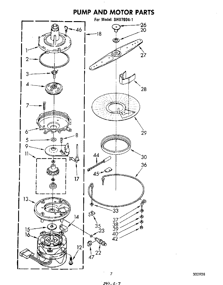 PUMP AND MOTOR Diagram and Parts List for SHU70041  Whirlpool Dishwasher