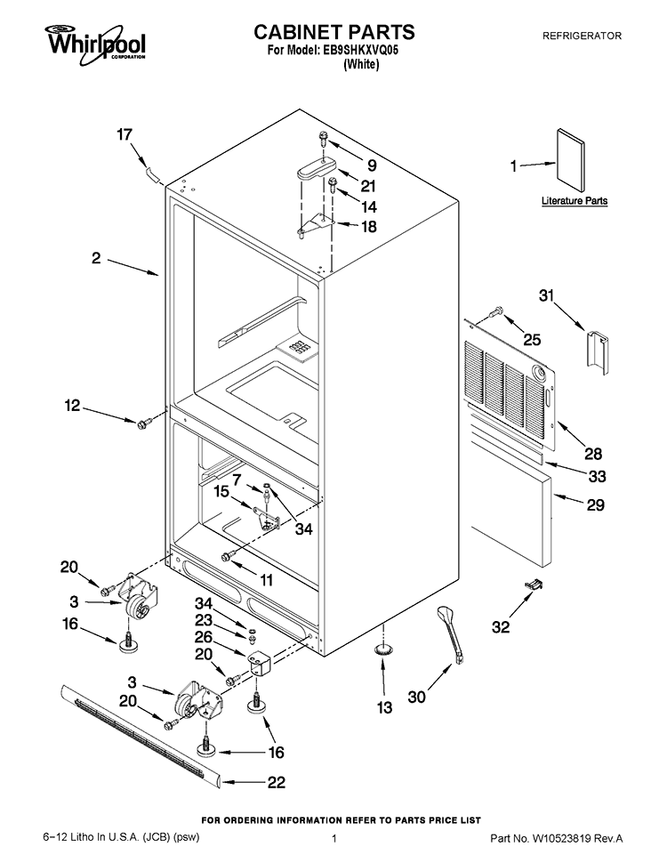 CABINET PARTS Diagram and Parts List for EB9SHKXVQ05  Whirlpool Refrigerator