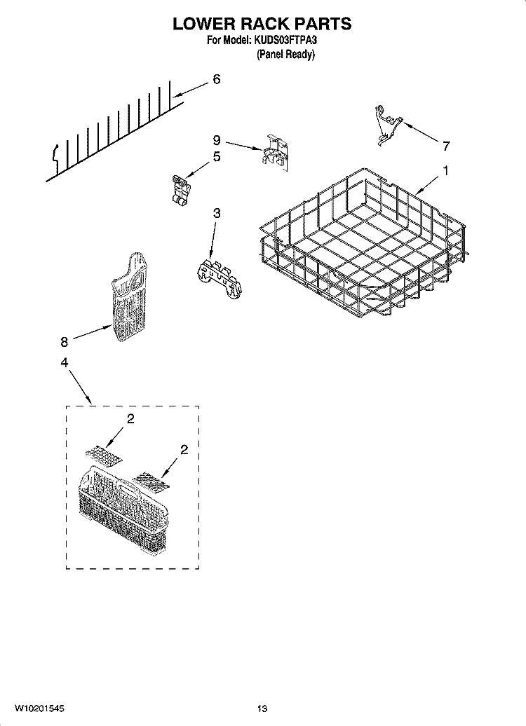 LOWER RACK PARTS Diagram and Parts List for KUDS03FTPA3  KitchenAid Dishwasher