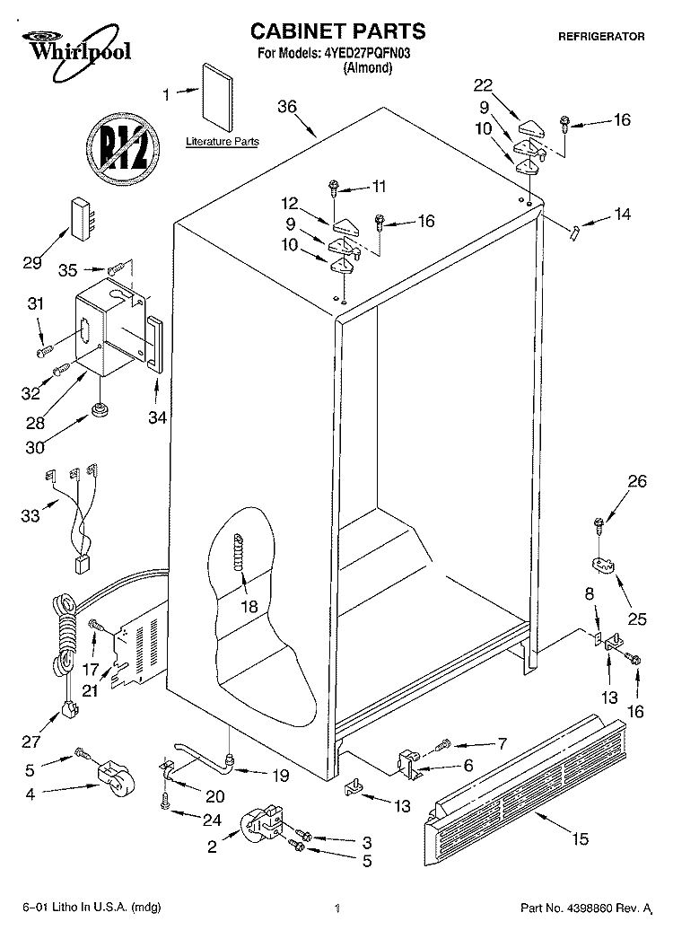 CABINET, LITERATURE Diagram and Parts List for 4YED27PQFN03  Whirlpool Refrigerator