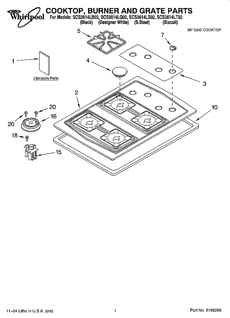 COOKTOP, BURNER AND GRATE PARTS Diagram and Parts List for SCS3614LB02  Whirlpool Cooktop