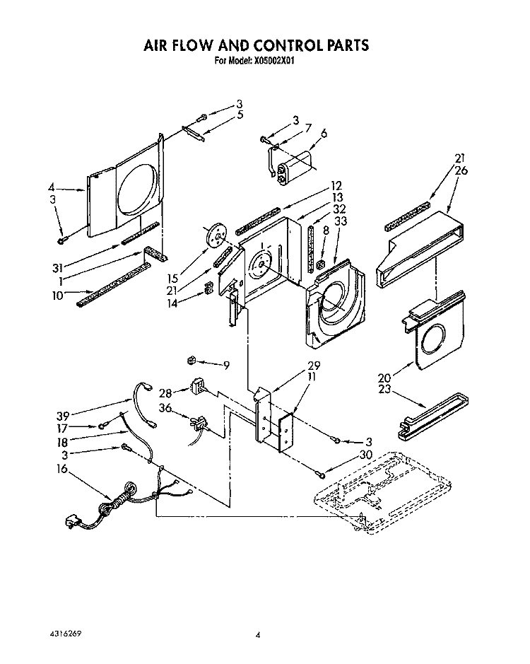 AIRFLOW AND CONTROL Diagram and Parts List for X05002X01  Roper Air Conditioner
