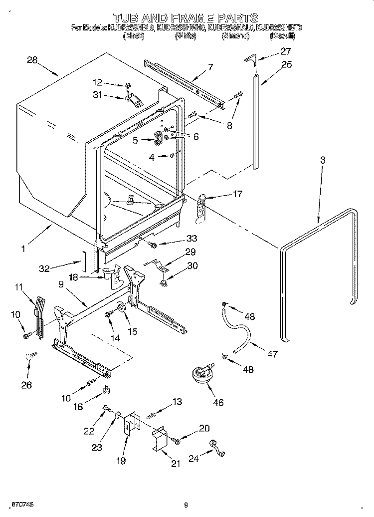 TUB AND FRAME Diagram and Parts List for KUDR25SHBT0  KitchenAid Dishwasher