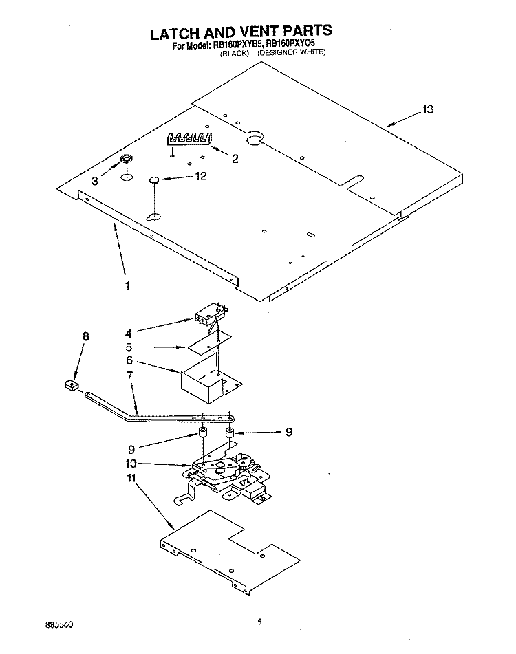 LATCH AND VENT Diagram and Parts List for RB160PXYQ5  Whirlpool Wall Oven
