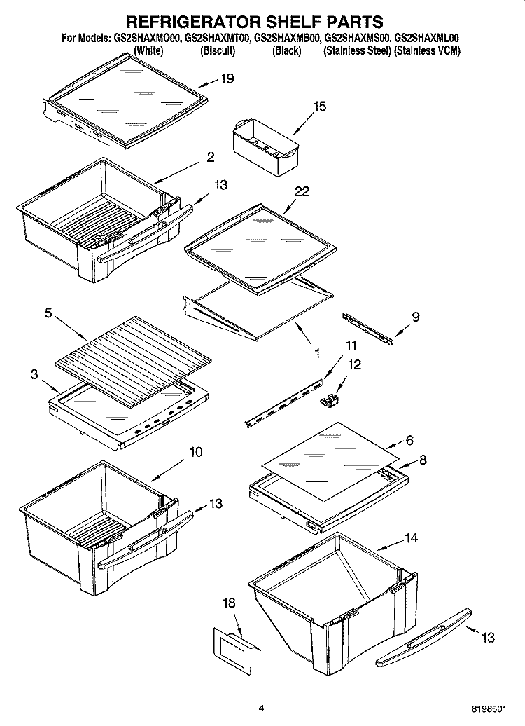 REFRIGERATOR SHELF PARTS Diagram and Parts List for GS2SHAXMS00  Whirlpool Refrigerator