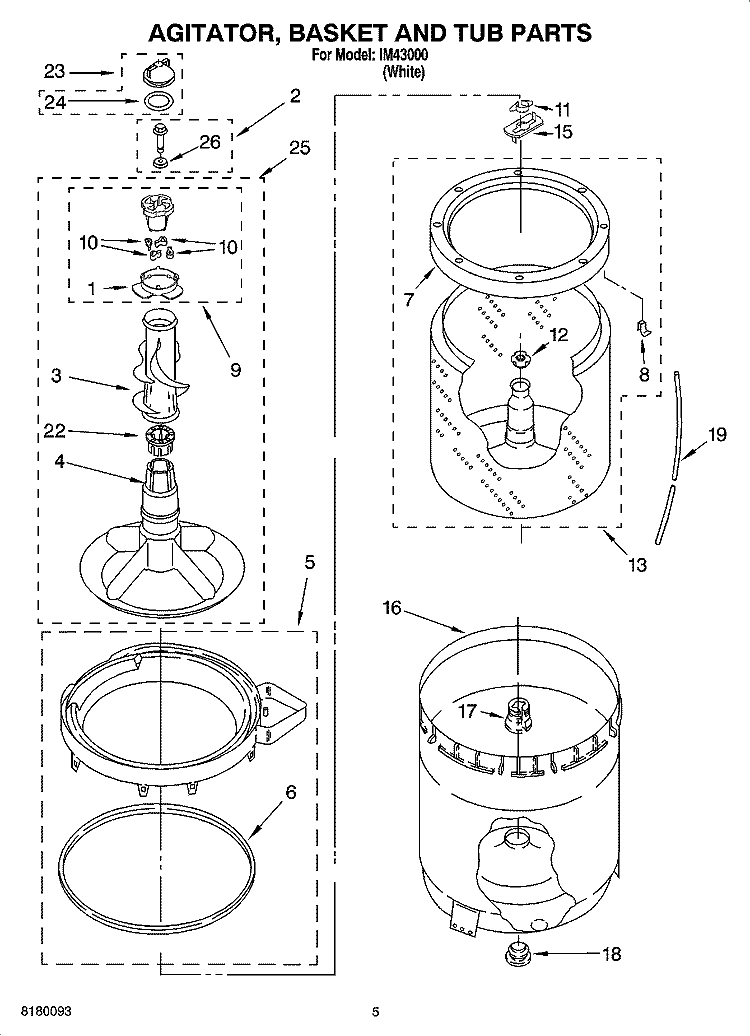 AGITATOR, BASKET AND TUB PARTS Diagram and Parts List for IM43000  Inglis Washer