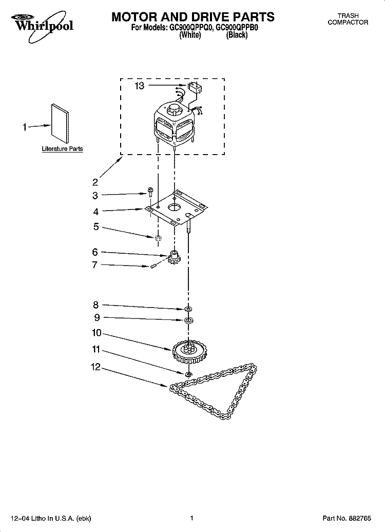 MOTOR AND DRIVE PARTS Diagram and Parts List for GC900QPPQ0  Whirlpool Trash Compactor