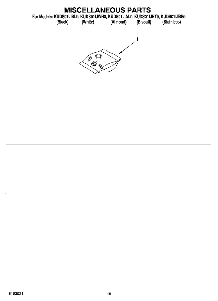 MISCELLANEOUS PARTS OPTIONAL PARTS (NOT INCLUDED) Diagram and Parts List for KUDS01IJBL0  KitchenAid Dishwasher
