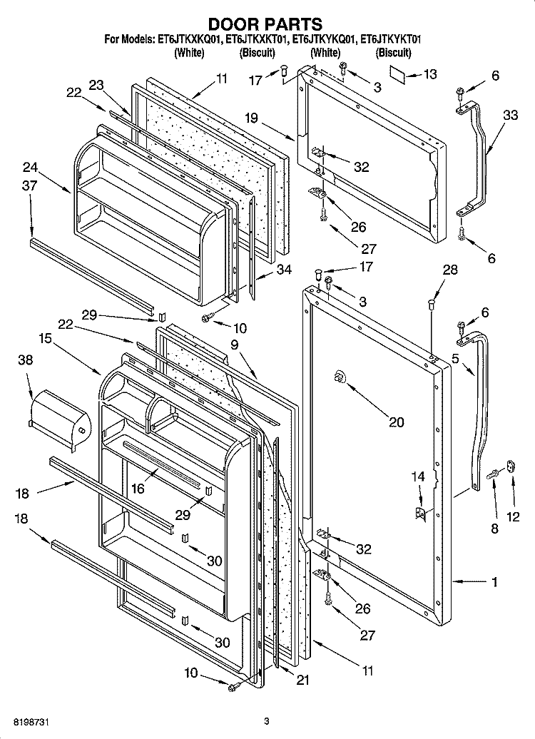 DOOR PARTS Diagram and Parts List for ET6JTKYKT01  Whirlpool Refrigerator