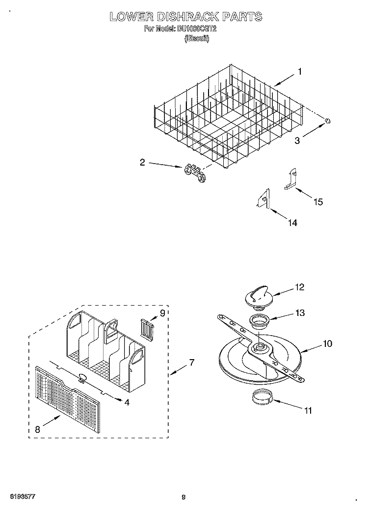 LOWER DISHRACK Diagram and Parts List for DU1000CGT2  Whirlpool Dishwasher