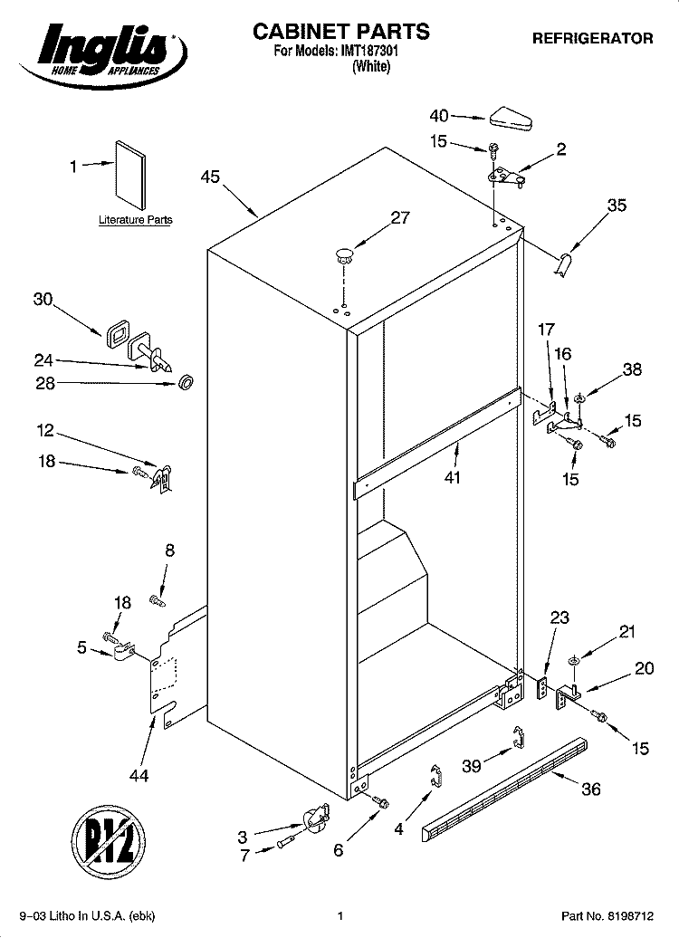 CABINET PARTS Diagram and Parts List for IMT187301  Inglis Refrigerator