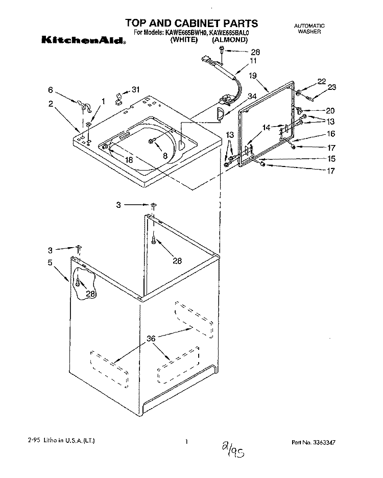 TOP AND CABINET, LIT/OPTIONAL Diagram and Parts List for KAWE665BAL0  KitchenAid Washer