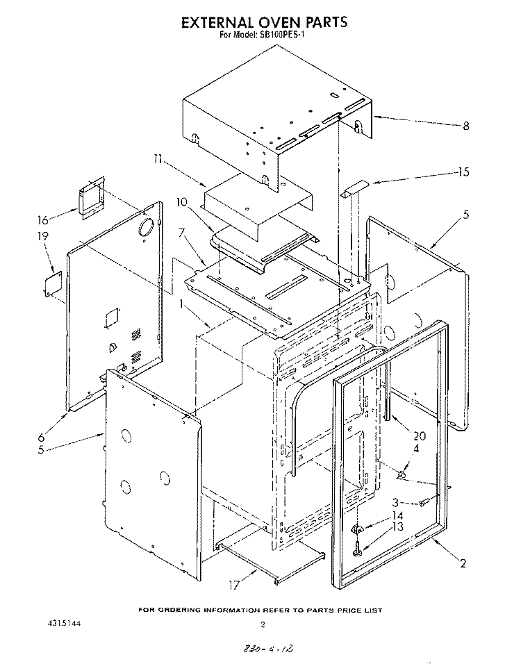 EXTERNAL OVEN Diagram and Parts List for SB100PES1  Whirlpool Range