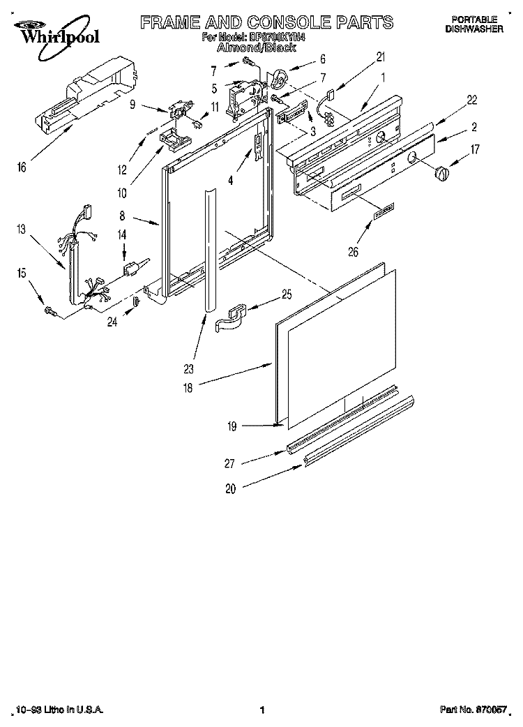 FRAME AND CONSOLE Diagram and Parts List for DP8700XYN4  Whirlpool Dishwasher