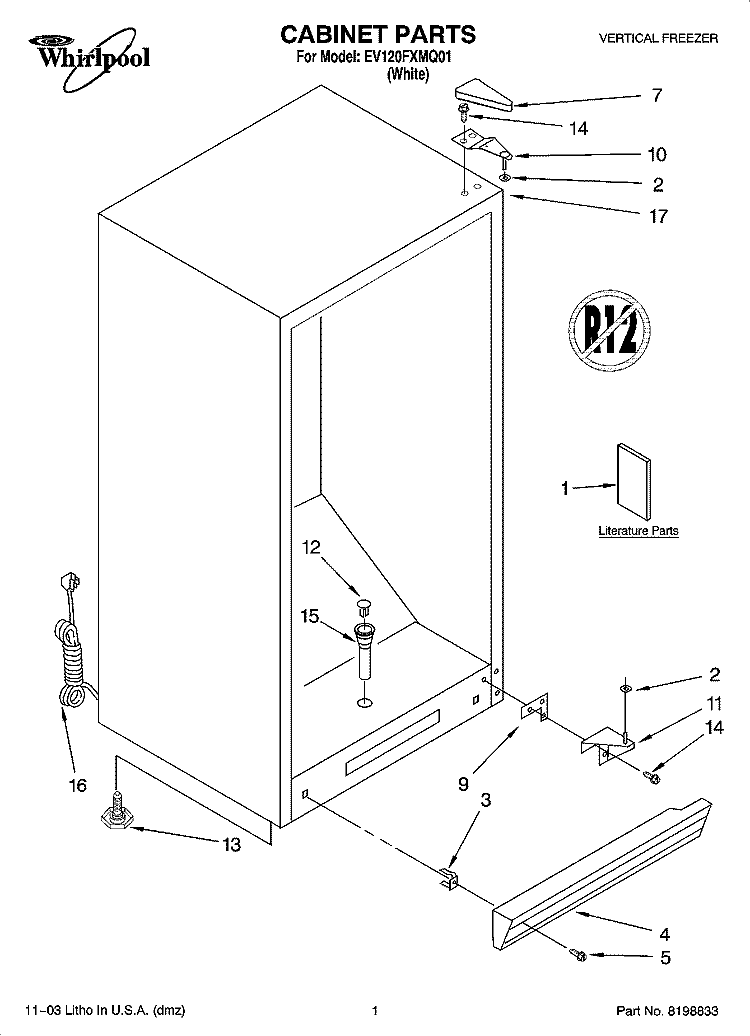 CABINET PARTS Diagram and Parts List for EV120FXMQ01  Whirlpool Freezer