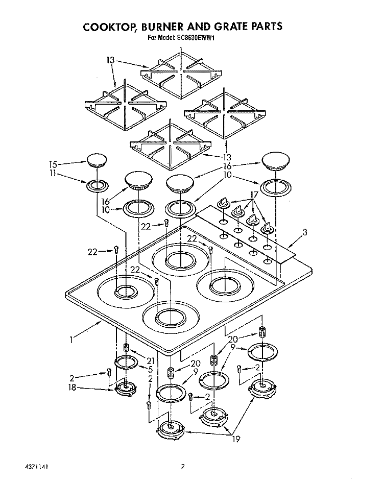 COOKTOP, BURNER AND GRATE Diagram and Parts List for SC8630EWW1  Whirlpool Cooktop