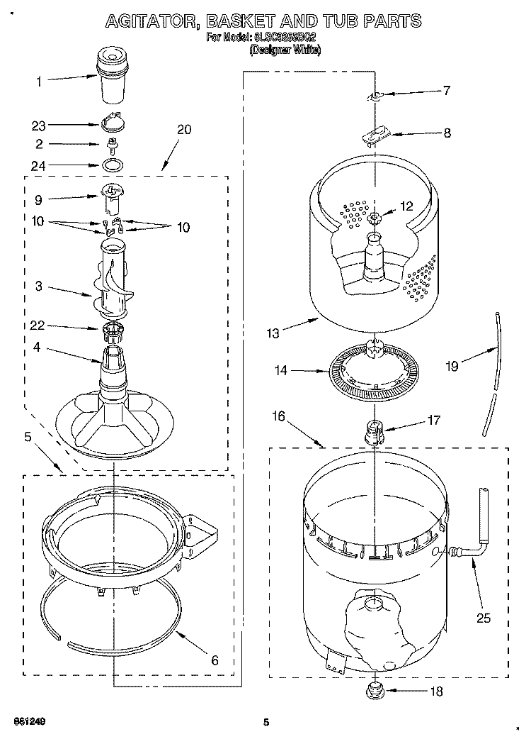 AGITATOR, BASKET AND TUB Diagram and Parts List for 6LSC9255BQ2  Whirlpool Washer
