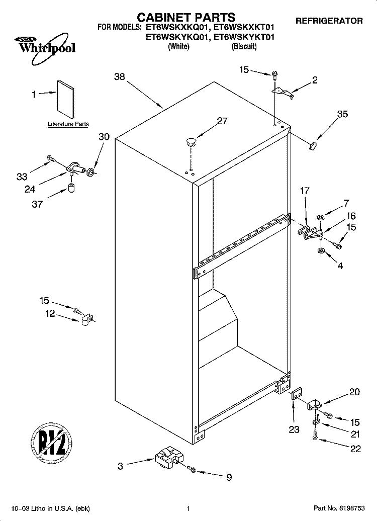 CABINET PARTS Diagram and Parts List for ET6WSKYKT01  Whirlpool Refrigerator
