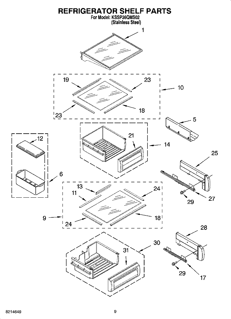 REFRIGERATOR SHELF PARTS Diagram and Parts List for KSSP36QMS02  KitchenAid Refrigerator
