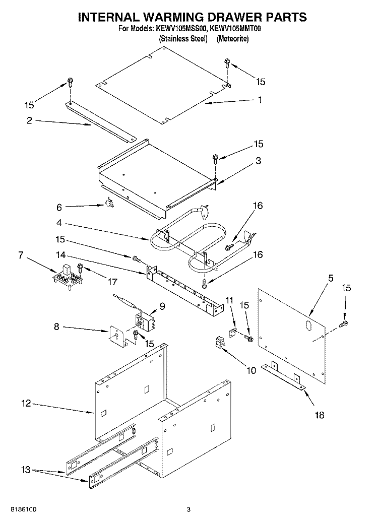 INTERNAL WARMING DRAWER PARTS Diagram and Parts List for KEWV105MSS00  KitchenAid Warming Drawer
