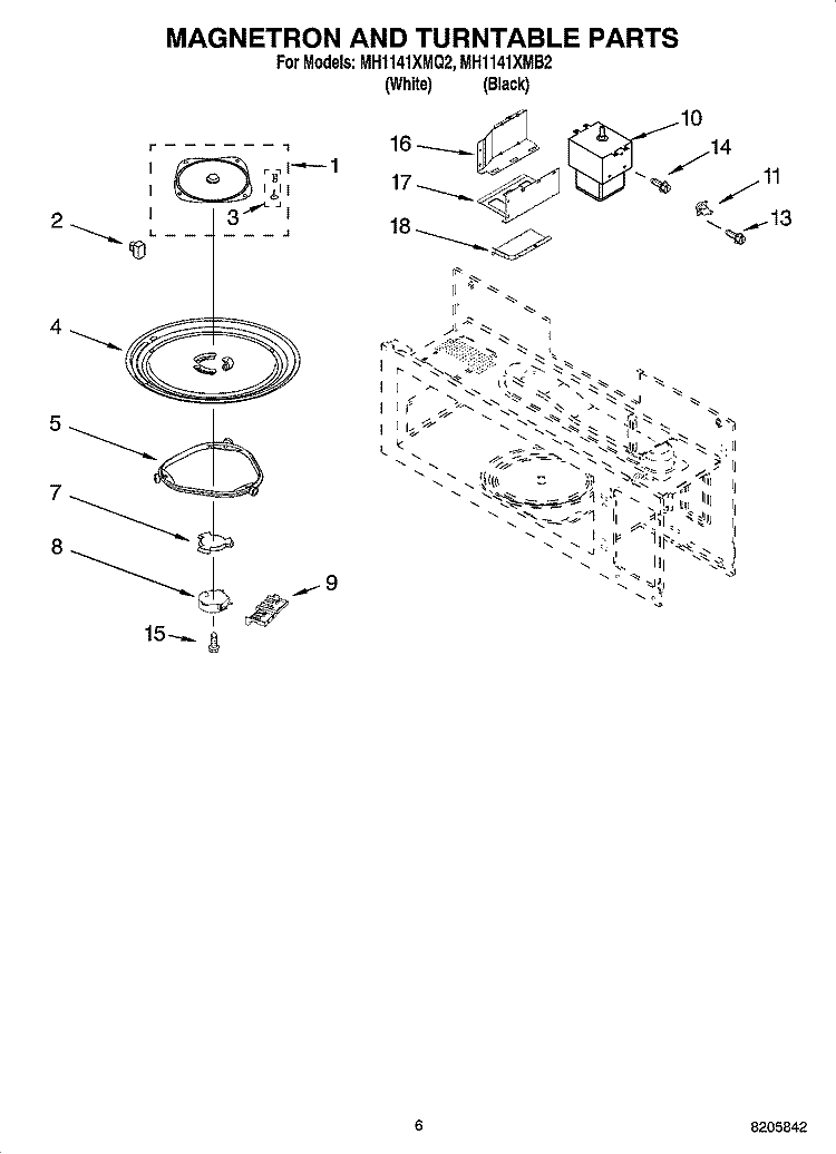 MAGNETRON AND TURNTABLE PARTS Diagram and Parts List for MH1141XMB2  Whirlpool Microwave