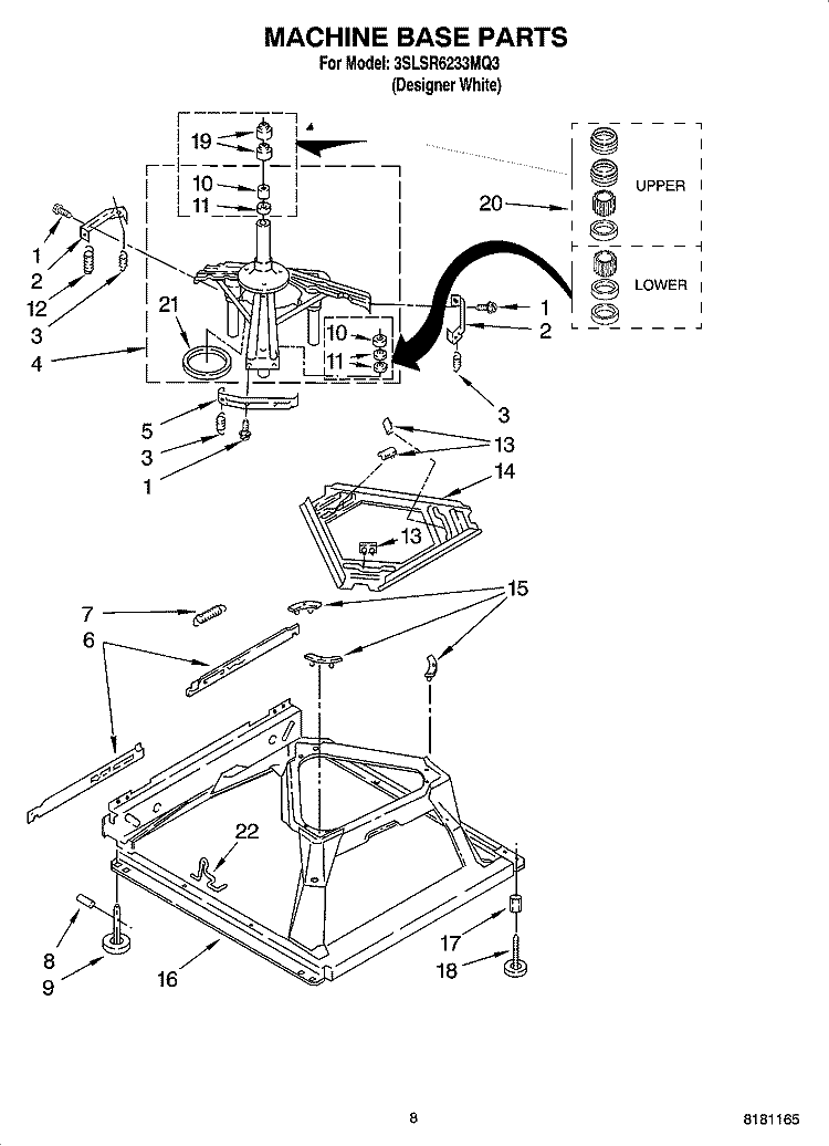 MACHINE BASE PARTS Diagram and Parts List for 3SLSR6233MQ3  Whirlpool Washer