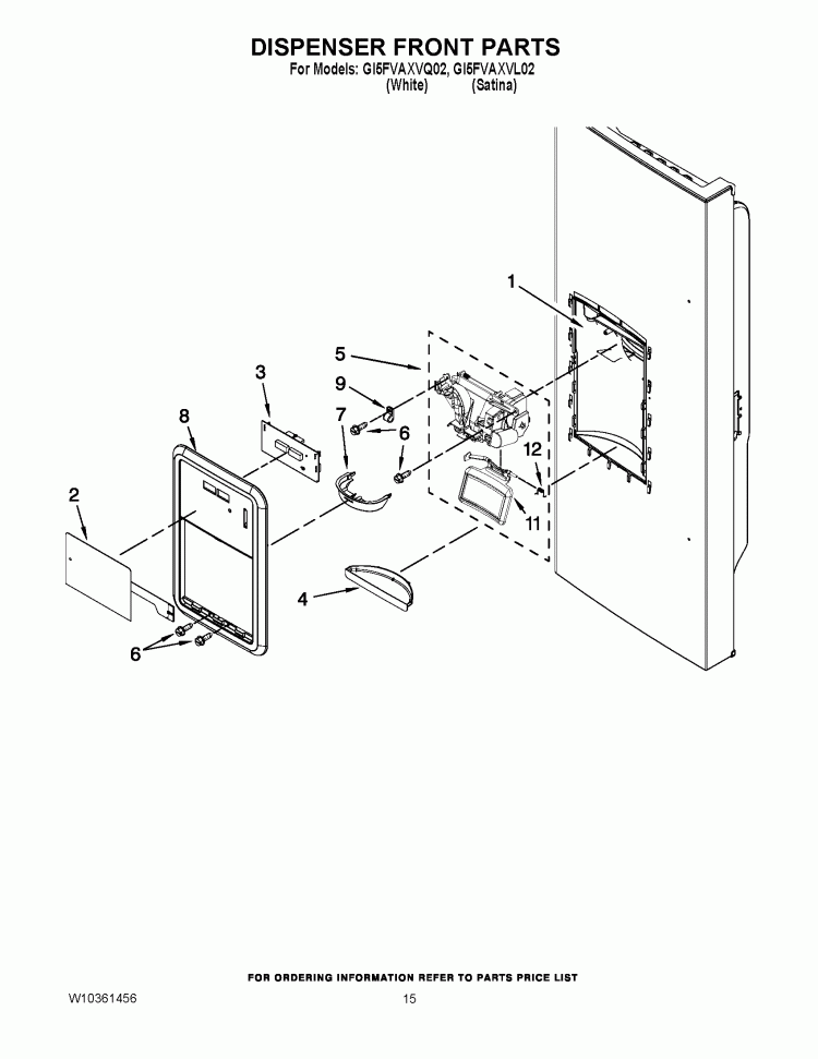DISPENSER FRONT PARTS Diagram and Parts List for GI5FVAXVL02  Whirlpool Refrigerator