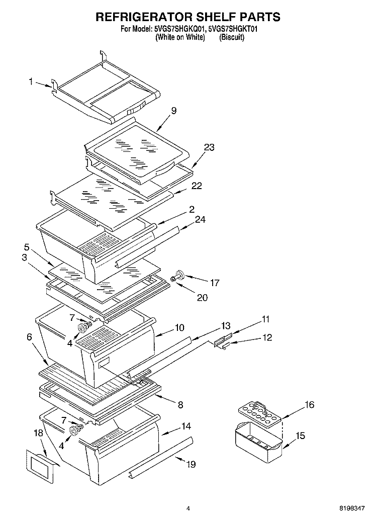 REFRIGERATOR SHELF PARTS Diagram and Parts List for 5VGS7SHGKT01  Whirlpool Refrigerator