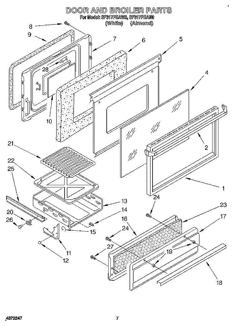 DOOR AND BROILER Diagram and Parts List for SF317PEAW0  Whirlpool Range