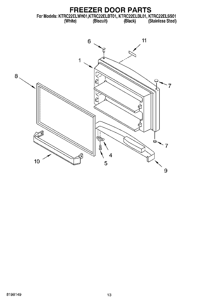 FREEZER DOOR Diagram and Parts List for KTRC22ELBL01  KitchenAid Refrigerator