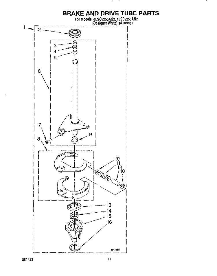 BRAKE AND DRIVE TUBE Diagram and Parts List for 4LSC9255AN2  Whirlpool Washer