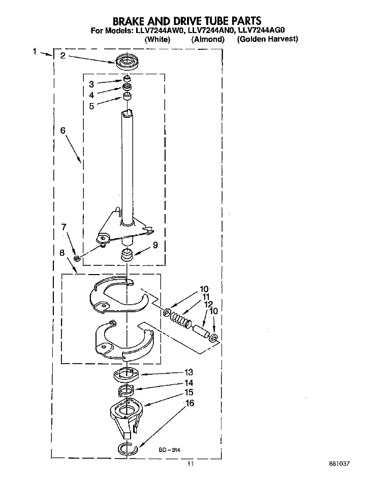 BRAKE AND DRIVE TUBE Diagram and Parts List for LLV7244AW0  Whirlpool Washer