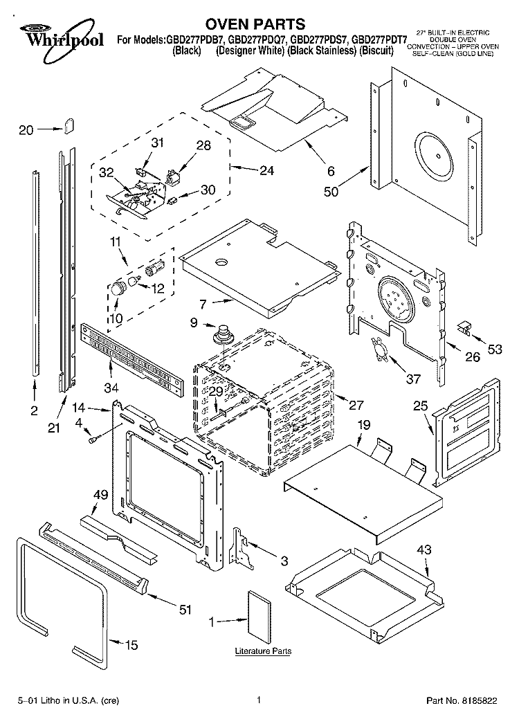 OVEN, LITERATURE Diagram and Parts List for GBD277PDT7  Whirlpool Wall Oven