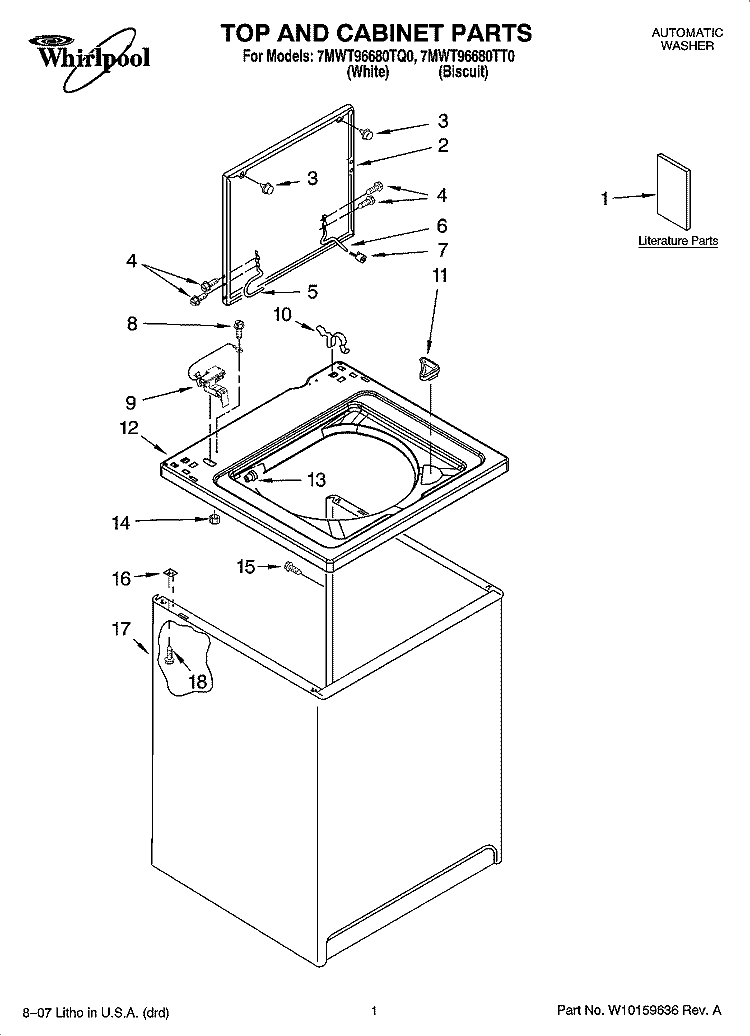 TOP AND CABINET PARTS Diagram and Parts List for 7MWT96680TT0  Whirlpool Washer