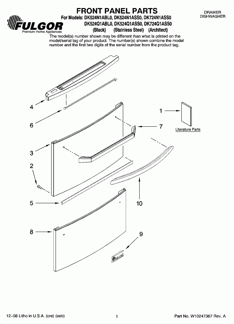 FRONT PANEL PARTS Diagram and Parts List for DK524N1ABL0  Whirlpool Dishwasher