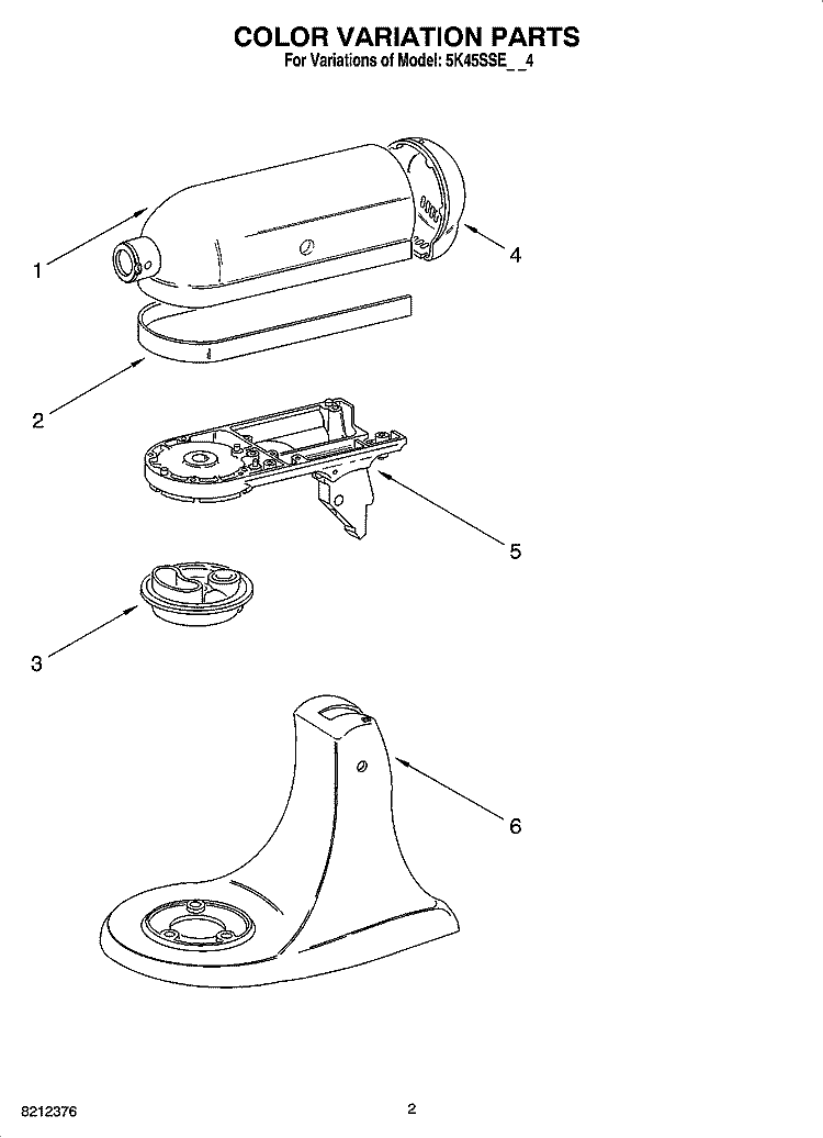 COLOR VARIATION PARTS Diagram and Parts List for 5K45SSEWH4  KitchenAid Mixer