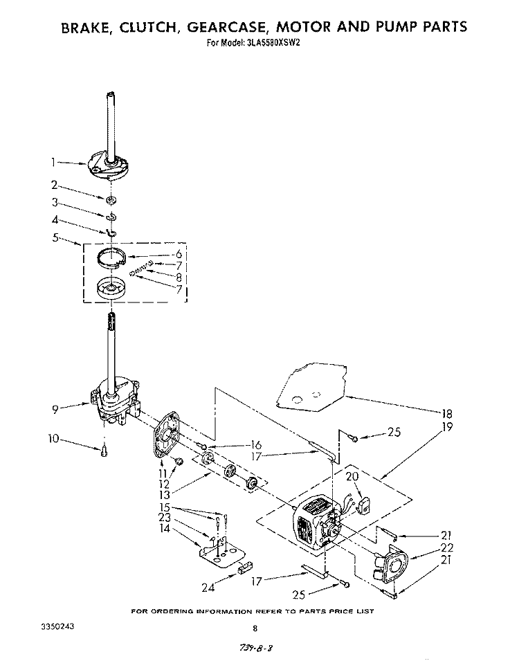 BRAKE, CLUTCH, GEARCASE, MOTOR AND PUMP Diagram and Parts List for 3LA5580XSW2  Whirlpool Washer