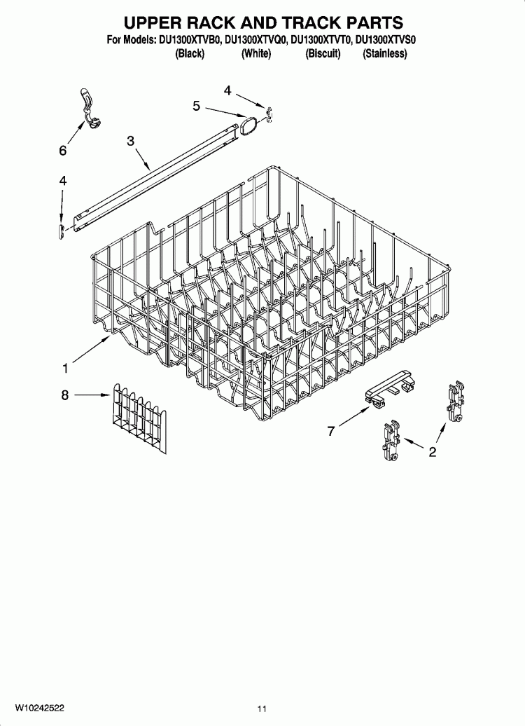 UPPER RACK AND TRACK PARTS Diagram and Parts List for DU1300XTVQ0  Whirlpool Dishwasher