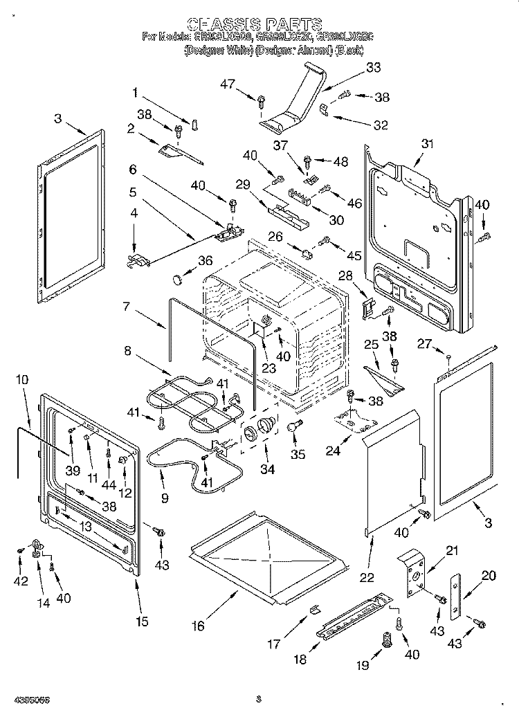 CHASSIS Diagram and Parts List for GR399LXGQ0  Whirlpool Range