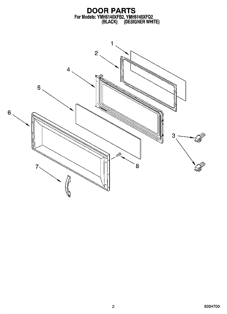 DOOR PARTS Diagram and Parts List for YMH6140XFQ2  Whirlpool Microwave