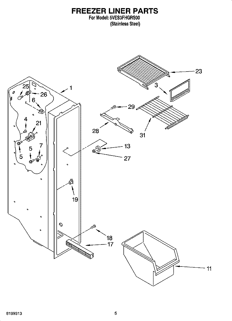 FREEZER LINER PARTS Diagram and Parts List for 5VES3FHGRS00  Whirlpool Refrigerator