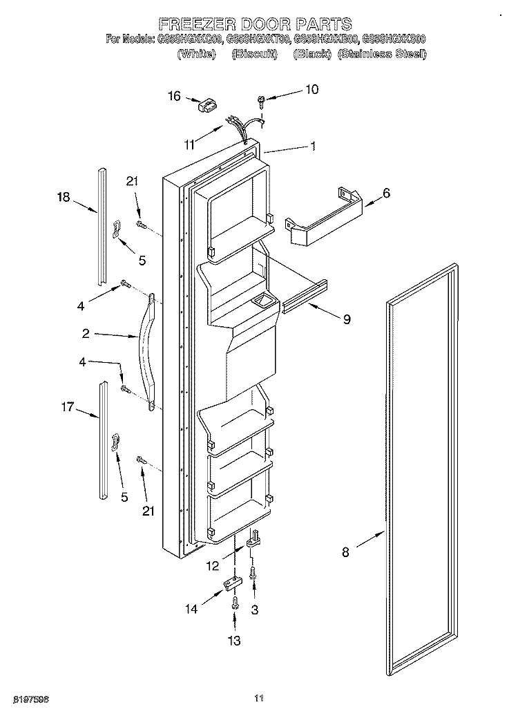 FREEZER DOOR Diagram and Parts List for GS5SHGXKQ00  Whirlpool Refrigerator