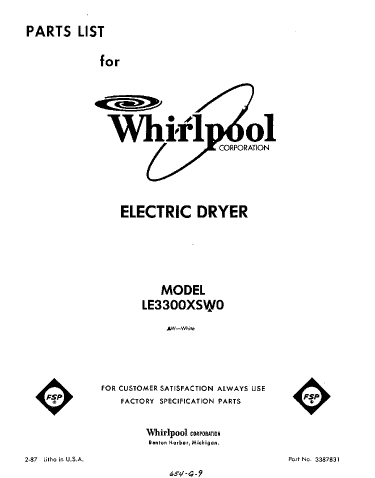 SECTION Diagram and Parts List for LE3300XSW0  Whirlpool Dryer